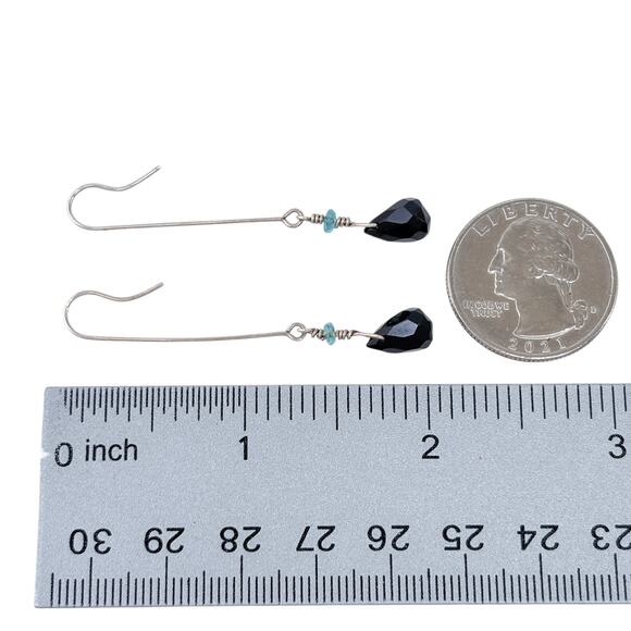 Estate Sterling Silver 925 Black Garnet Aquamarine Long Drop Earrings - Picture 6 of 7